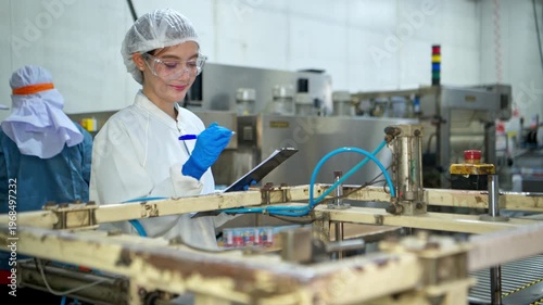 The production supervisor is inspecting and controlling the operation of packaging line of the canned fish processing plant