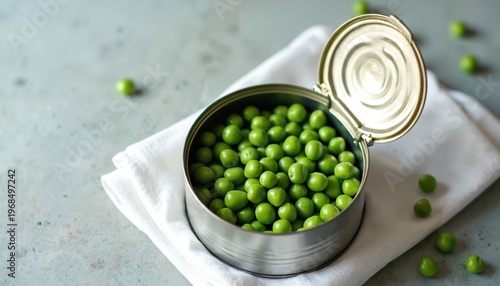 Open metal can filled with fresh green peas sits on white cloth. Scattered peas lay around the tin can on a grey textured table. Simple food photography.
