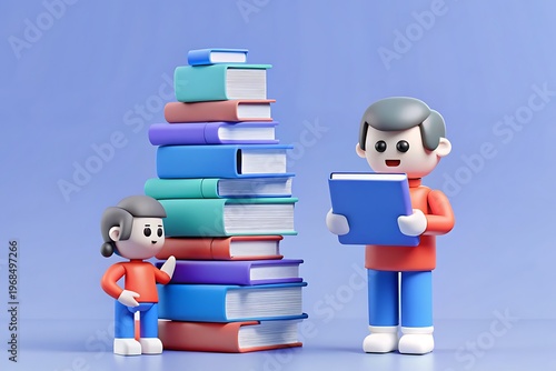 Two cartoon characters standing next to a stack of colorful books in a learning environment