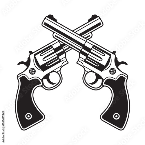 Two revolvers crossed in a stark black and white graphic illustration