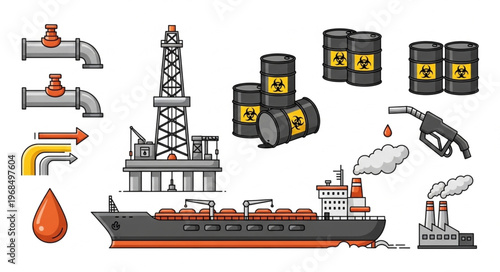 Oil and Gas Industry Elements - Extraction, Transportation, and Processing.