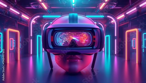 Futuristic Virtual Reality Headset in Neon Digital Environment