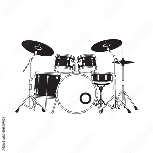 Black and white illustration of a standard five piece drum kit