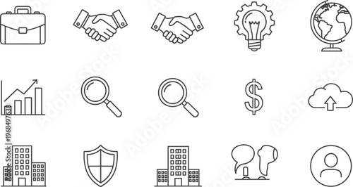 Business and corporate line icon set featuring analytics communication security global finance and professional workflow symbols
