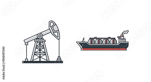 Oil Industry Icons - Pumpjack and Tanker Ship Illustration.