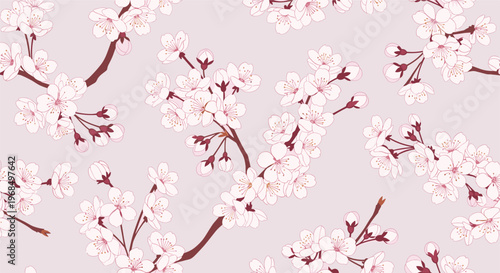 Beautiful seamless pattern of delicate pink cherry blossoms on branches creates a soft and romantic floral backdrop for spring designs.