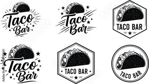 A collection of vintage style taco bar logos and illustrations featuring detailed taco depictions and script lettering high quality professional modern elegant stylish
