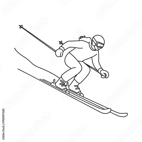 Line drawing of a skier in motion descending a snowy slope