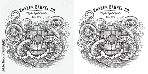 Kraken Barrel Co Logo Featuring Giant Octopus Tentacles and Ocean Waves Illustration