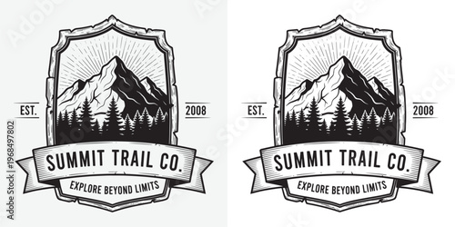 Summit Trail Co Mountain Logo with Rugged Shield Frame and Sunburst Design