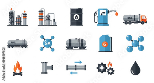 Oil and Gas Industry Icons - Refinery, Fuel, and Energy Elements.