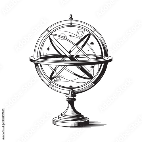 Vintage astronomical globe illustration with rings and ornate stand details