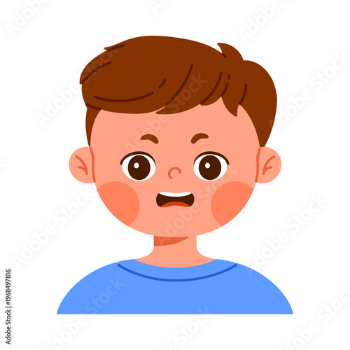 Cute worried little boy character with anxious facial expression. Concerned child avatar with open mouth. Emotional reaction concept. Kid apps and emotion education concept. Isolated illustration