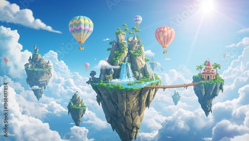 Colorful Fantasy Landscape with Hot Air Balloons and Waterfalls