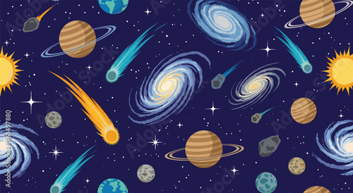 Vibrant pixel art space pattern filled with colorful planets galaxies comets and stars creates a nostalgic and fun cosmic background.