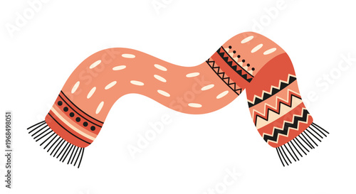 Long orange winter scarf with intricate geometric patterns and tassels at the ends to symbolize warmth and comfort.