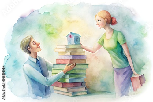 A man and woman stacking books together with a birdhouse on top in a whimsical scene