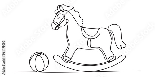 Minimalist continuous line drawing of a classic wooden rocking horse next to a small play ball Vector, illustration