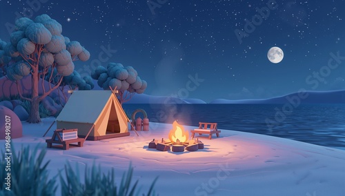 Peaceful Camping Scene Under Moonlight by the Tranquil Lake