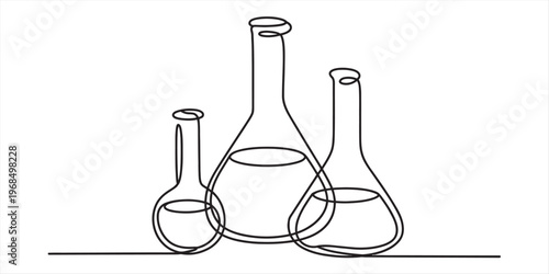 A continuous line drawing of three laboratory glass flasks containing liquid in a simple style Vector, illustration