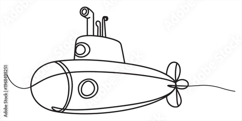 A simple black and white line drawing of a submarine sailing underwater for children to color in Vector, illustration