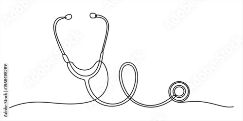 A single continuous line drawing of a medical stethoscope on a clean and simple white background Vector, illustration