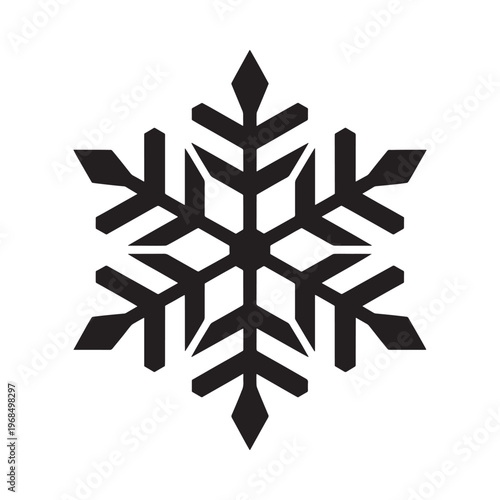 A striking black and white illustration of a symmetrical snowflake design