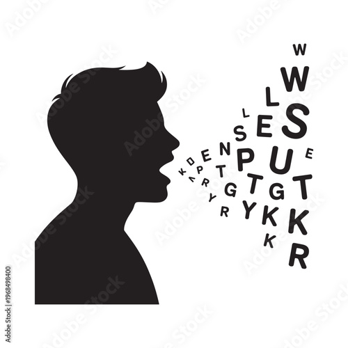 Silhouette of a man speaking with letters flowing from his mouth