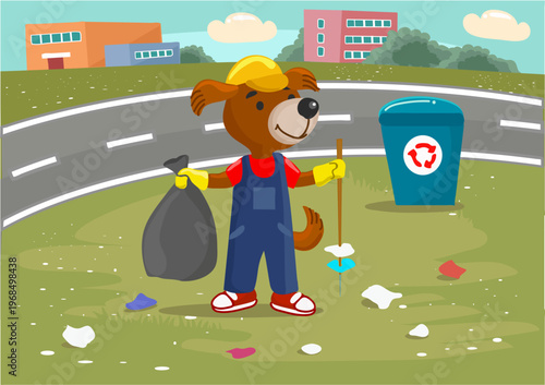 A cartoon bear picking up trash on the side of a road