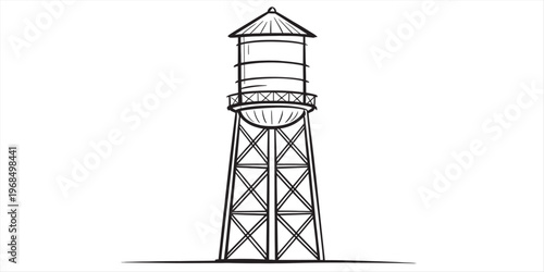 A simple black and white line drawing of a tall industrial water tower on a white background Vector, illustration