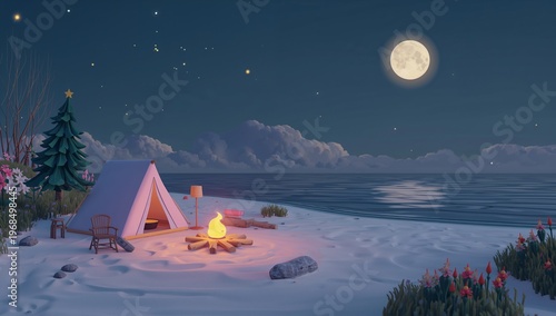 Serene Night Camping Scene with Tent, Campfire, and Moonlit Ocean