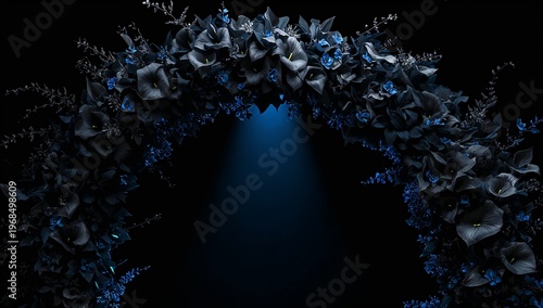 Dark Floral Arch with Blue Accents in Spotlight Background