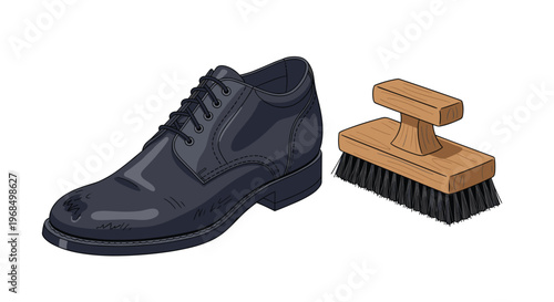 A polished black leather dress shoe with laces sits beside a wooden shoe brush on a plain white surface.