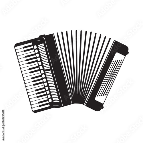 A black and white illustration of a classic button accordion