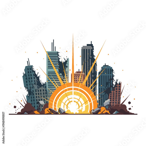 Apocalyptic city skyline explosion with sunburst and debris