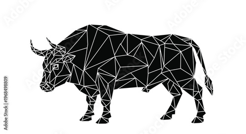 Striking low poly geometric illustration of a powerful bull in black and white uses triangular patterns to define its muscular form.