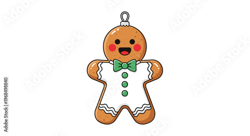 Adorable gingerbread man cookie ornament wearing a green bow tie and white icing details brings holiday cheer to life.
