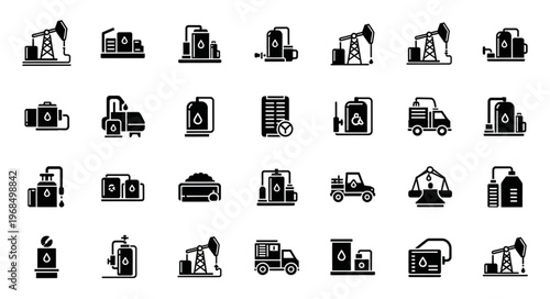 Collection of Oil and Gas Industry Icons - Refining, Extraction, and Transportation.