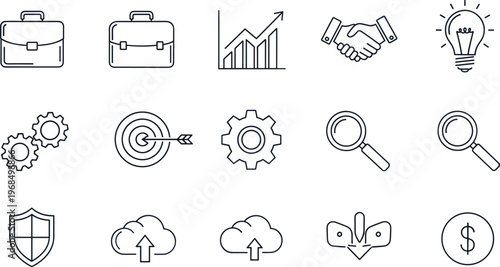 Business and finance line icon set featuring growth chart handshake target security cloud upload analytics and professional workflow symbols