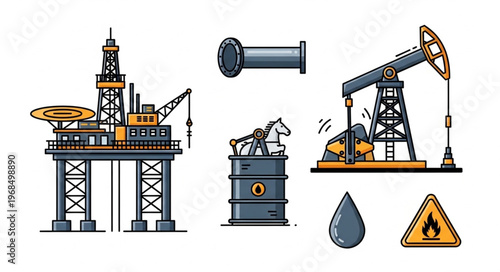 Oil Industry Icons - Rig, Pumpjack, Barrel, Pipe, Drop, and Warning Sign.
