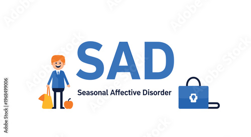 The blue letters SAD and Seasonal Affective Disorder are displayed with a cartoon man and a padlock icon.