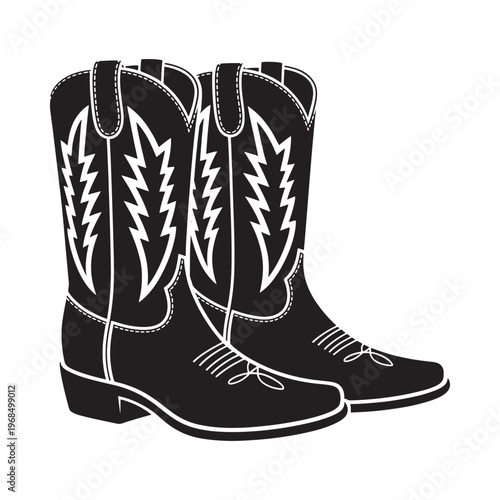 A black and white illustration of a pair of western cowboy boots