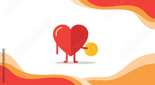Heart Character Giving Coin, Charity and Donation Concept, Love Money