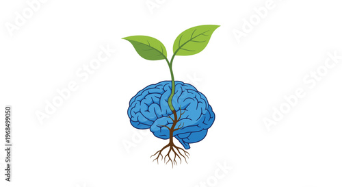 A blue human brain with roots acts as a plant pot from which two green leaves sprout upwards.