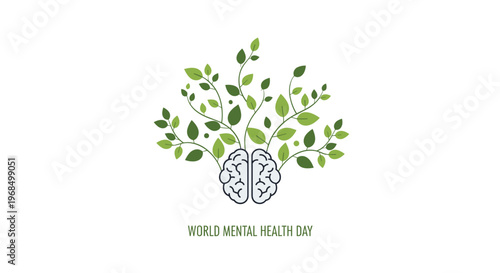 A stylized gray brain outline with green leaves sprouting upwards is positioned above the text WORLD MENTAL HEALTH DAY.