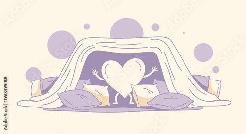 Heart Character in Cozy Blanket Fort with Pillows, Cute Illustration