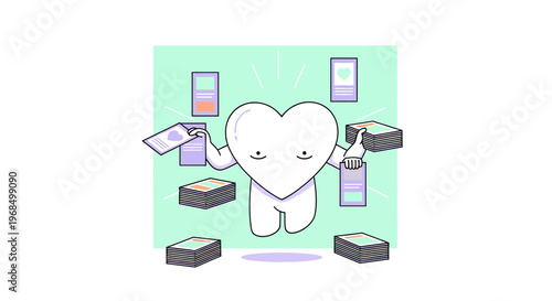 Heart Character Juggling Cards and Stacks of Paper