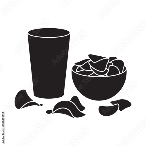 Simple black and white illustration of a drink and bowl of chips