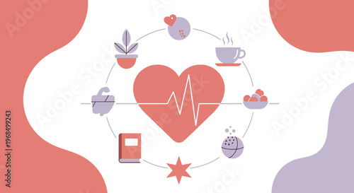 Healthy Lifestyle Concept: Heart, Food, Plants, Book, Coffee, Love - Flat Design