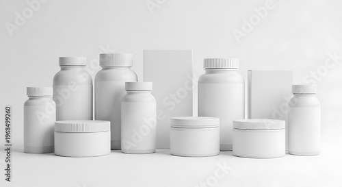 Collection of white medicine bottles and boxes on a plain surface for pharmacy or healthcare use